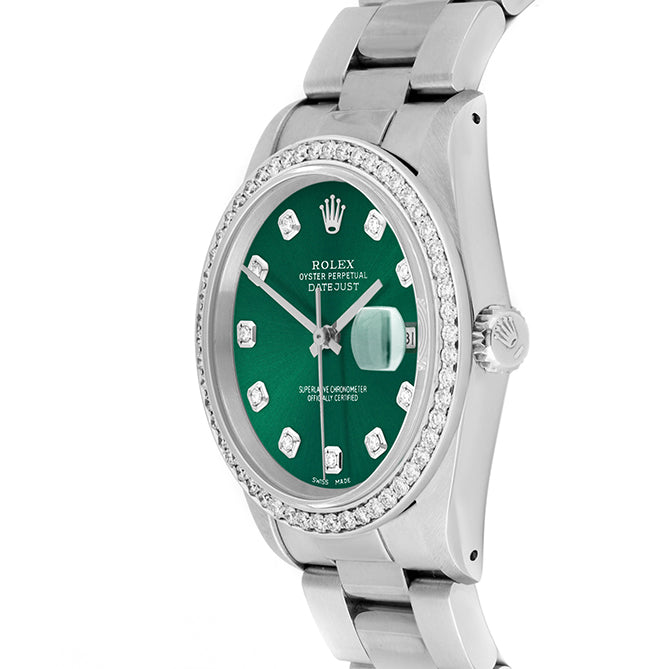 Rolex Datejust 36mm STAINLESS STEEL 16234 Green Dial | Diamond Hour Markers, 1 ct Diamond Bezel