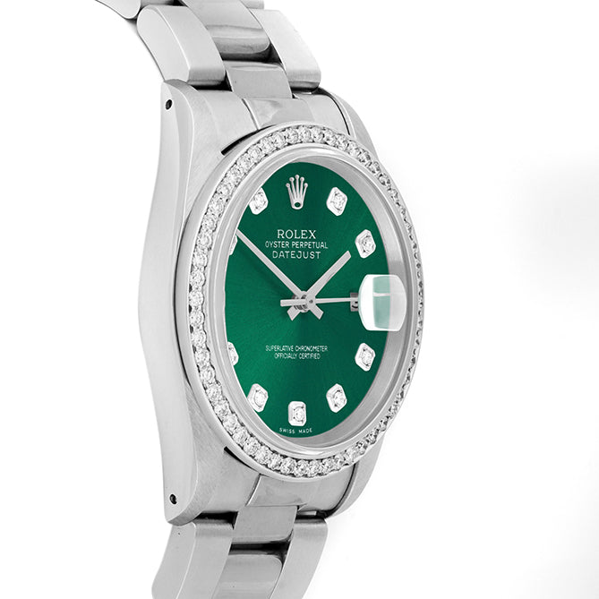 Rolex Datejust 36mm STAINLESS STEEL 16234 Green Dial | Diamond Hour Markers, 1 ct Diamond Bezel