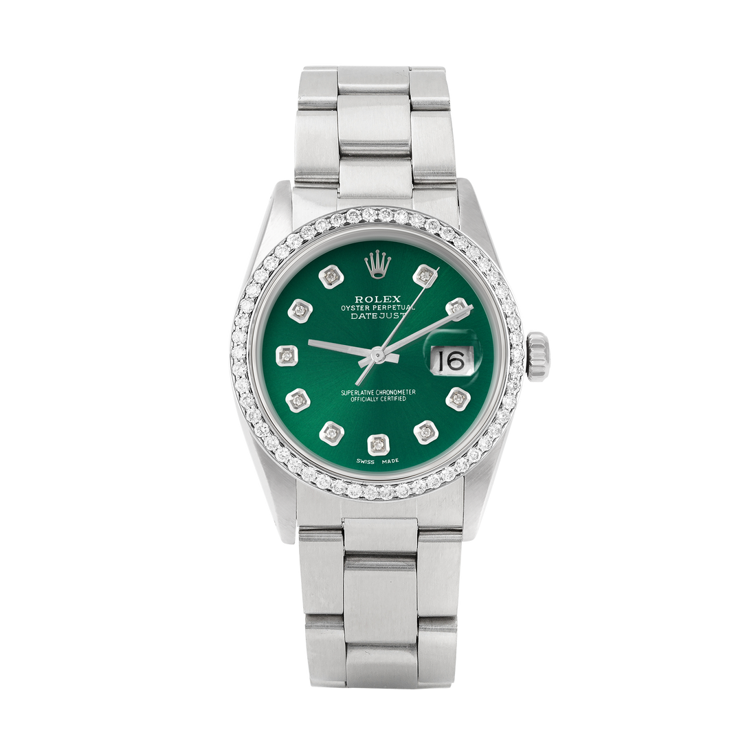 Rolex Datejust 36mm STAINLESS STEEL 16234 Green Dial | Diamond Hour Markers, 1 ct Diamond Bezel