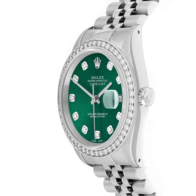 Rolex Datejust 36mm STAINLESS STEEL 16234 Green Dial | Diamond Hour Markers, 1.8 ct Diamond Bezel