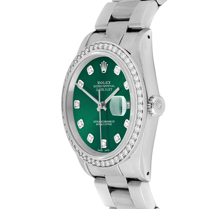 Rolex Datejust 36mm STAINLESS STEEL 16234 Green Dial | Diamond Hour Markers, 1.8 ct Diamond Bezel