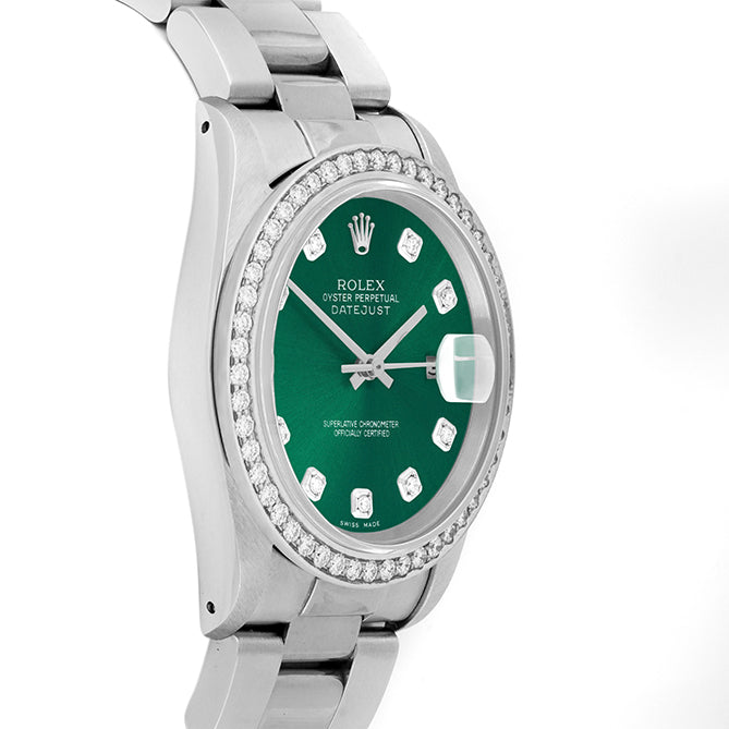 Rolex Datejust 36mm STAINLESS STEEL 16234 Green Dial | Diamond Hour Markers, 1.8 ct Diamond Bezel