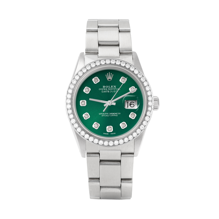 Rolex Datejust 36mm STAINLESS STEEL 16234 Green Dial | Diamond Hour Markers, 1.8 ct Diamond Bezel