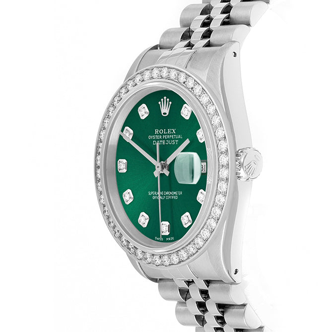 Rolex Datejust 36mm STAINLESS STEEL 16234 Green Dial | Diamond Hour Markers, 2 ct Diamond Bezel