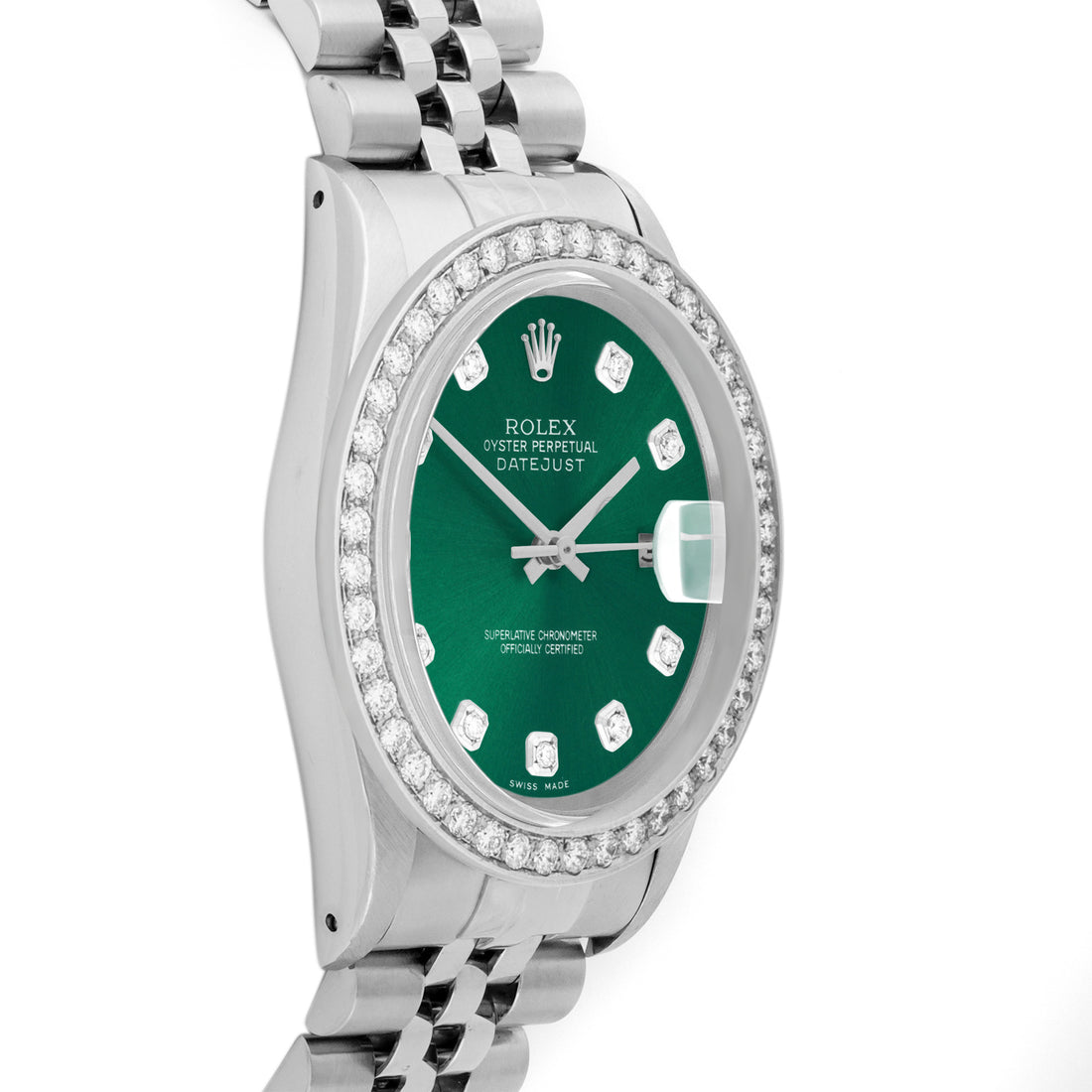 Rolex Datejust 36mm STAINLESS STEEL 16234 Green Dial | Diamond Hour Markers, 2 ct Diamond Bezel