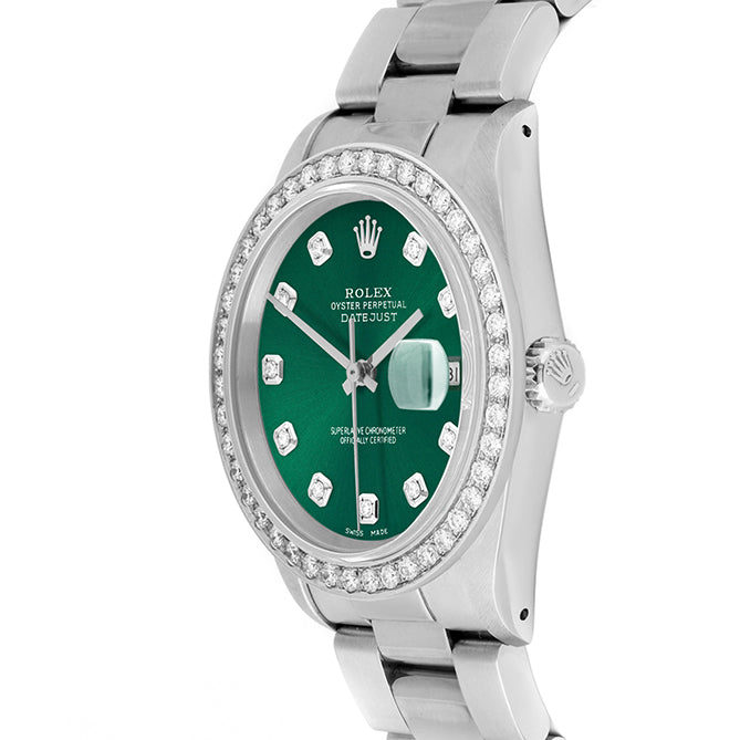 Rolex Datejust 36mm STAINLESS STEEL 16234 Green Dial | Diamond Hour Markers, 2 ct Diamond Bezel