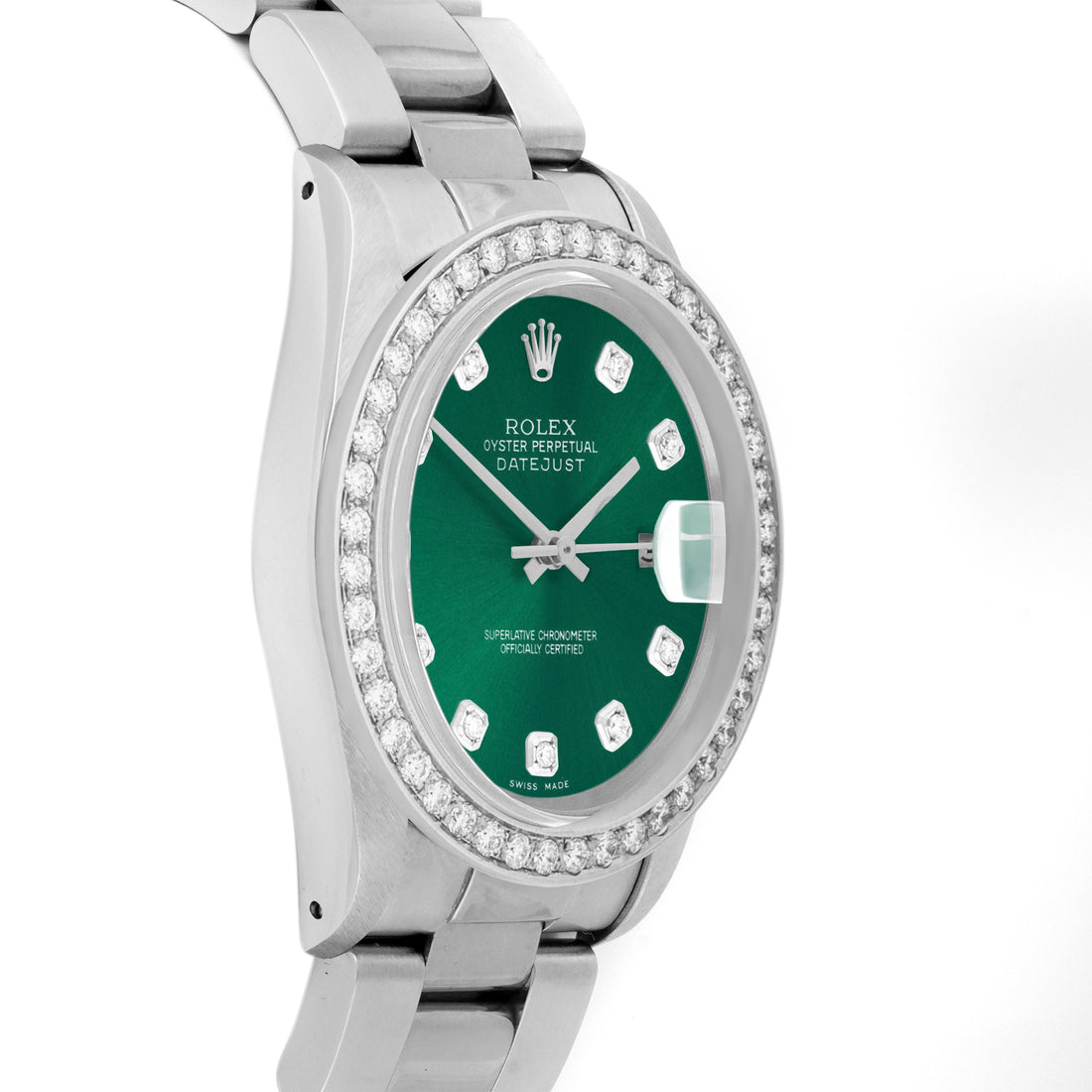 Rolex Datejust 36mm STAINLESS STEEL 16234 Green Dial | Diamond Hour Markers, 2 ct Diamond Bezel