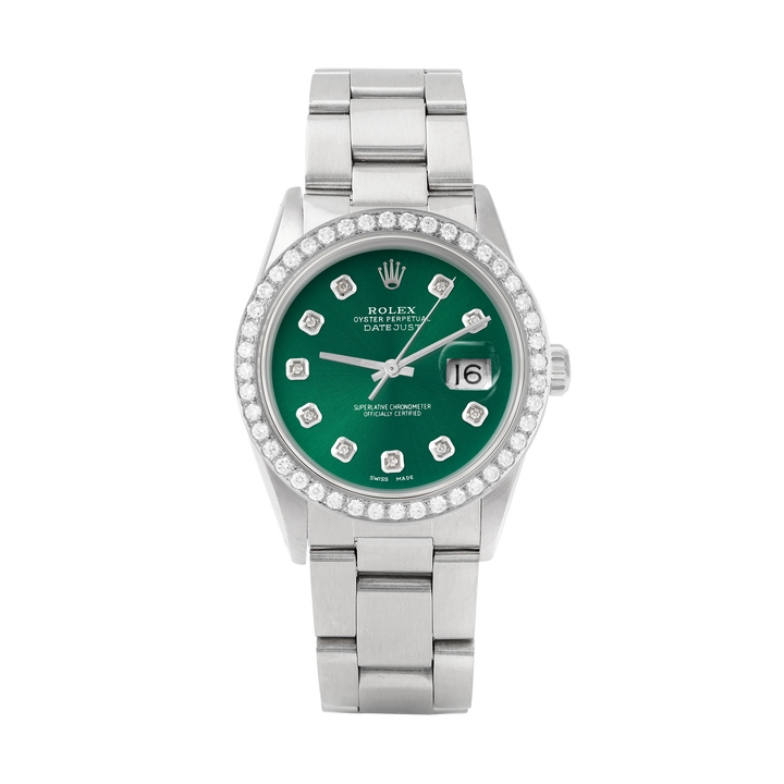 Rolex Datejust 36mm STAINLESS STEEL 16234 Green Dial | Diamond Hour Markers, 2 ct Diamond Bezel