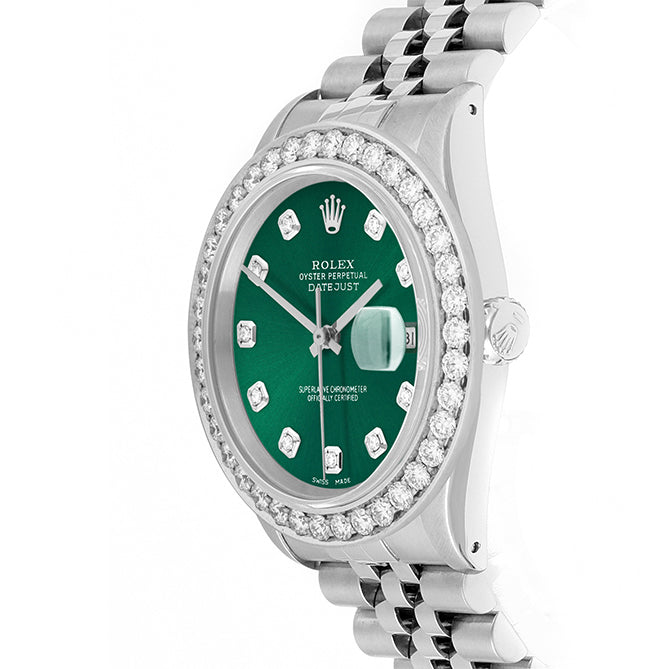Rolex Datejust 36mm STAINLESS STEEL 16234 Green Dial | Diamond Hour Markers | 2.5 ct Diamond Bezel