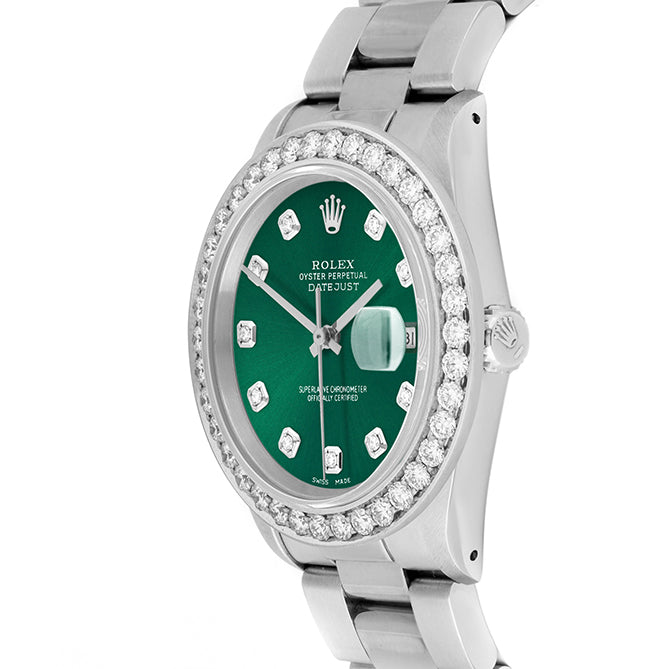 Rolex Datejust 36mm STAINLESS STEEL 16234 Green Dial | Diamond Hour Markers | 2.5 ct Diamond Bezel