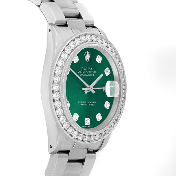 Rolex Datejust 36mm STAINLESS STEEL 16234 Green Dial | Diamond Hour Markers | 2.5 ct Diamond Bezel