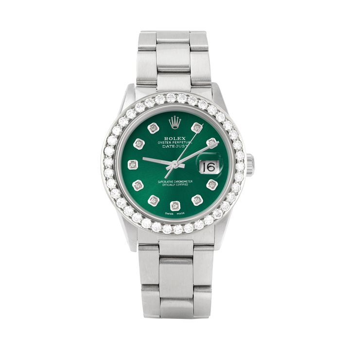 Rolex Datejust 36mm STAINLESS STEEL 16234 Green Dial | Diamond Hour Markers | 2.5 ct Diamond Bezel