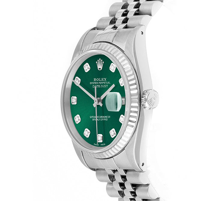 Rolex Datejust 36mm STAINLESS STEEL 16234 Green Dial | Diamond Hour Markers | Fluted Bezel
