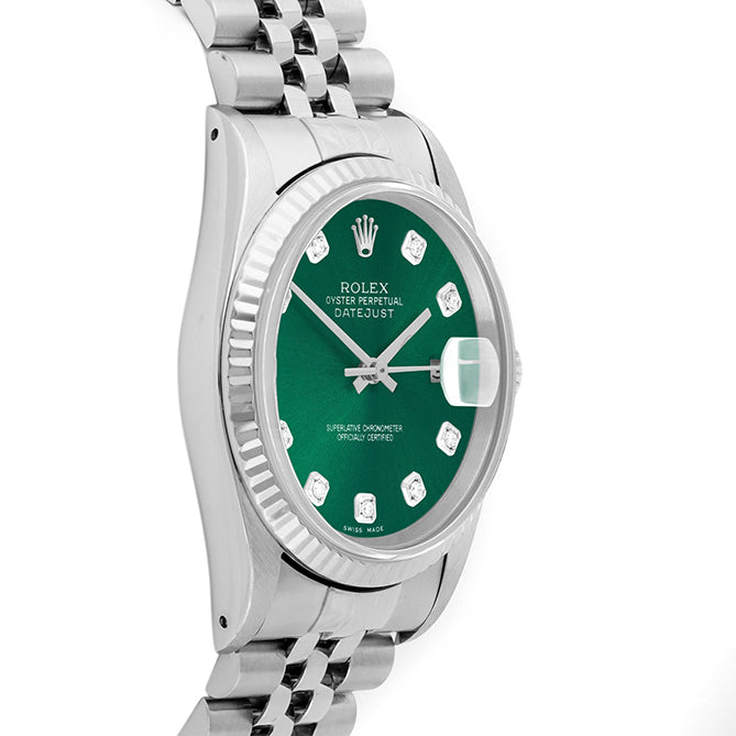 Rolex Datejust 36mm STAINLESS STEEL 16234 Green Dial | Diamond Hour Markers | Fluted Bezel