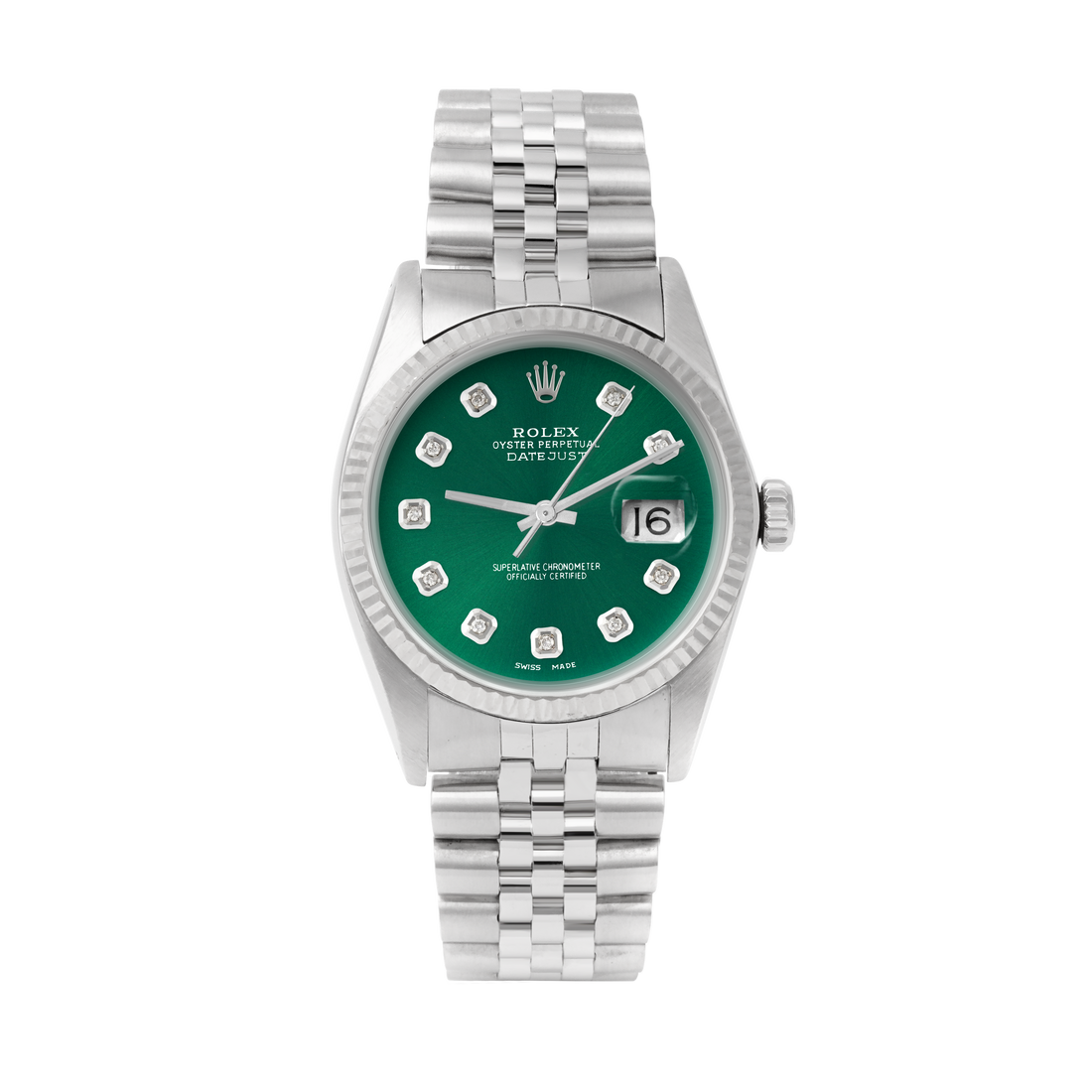 Rolex Datejust 36mm STAINLESS STEEL 16234 Green Dial | Diamond Hour Markers | Fluted Bezel