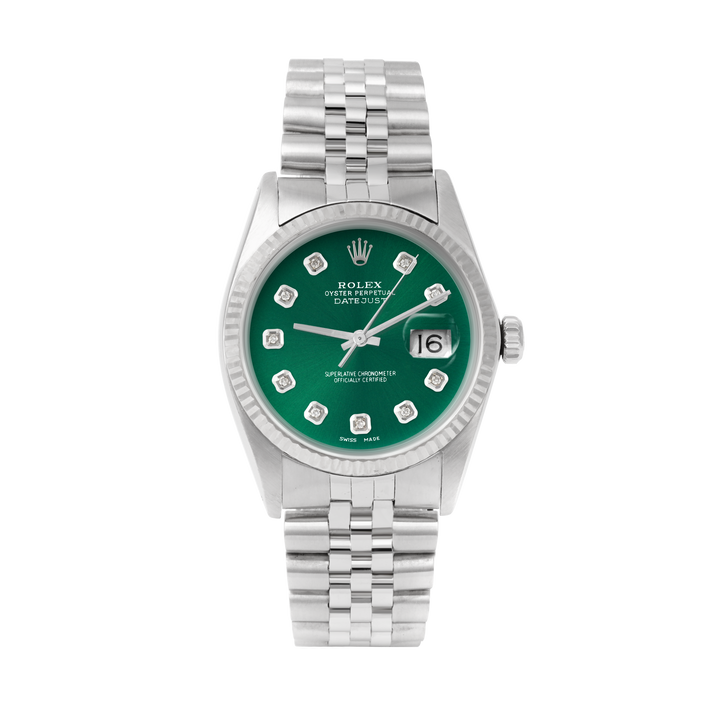 Rolex Datejust 36mm STAINLESS STEEL 16234 Green Dial | Diamond Hour Markers | Fluted Bezel