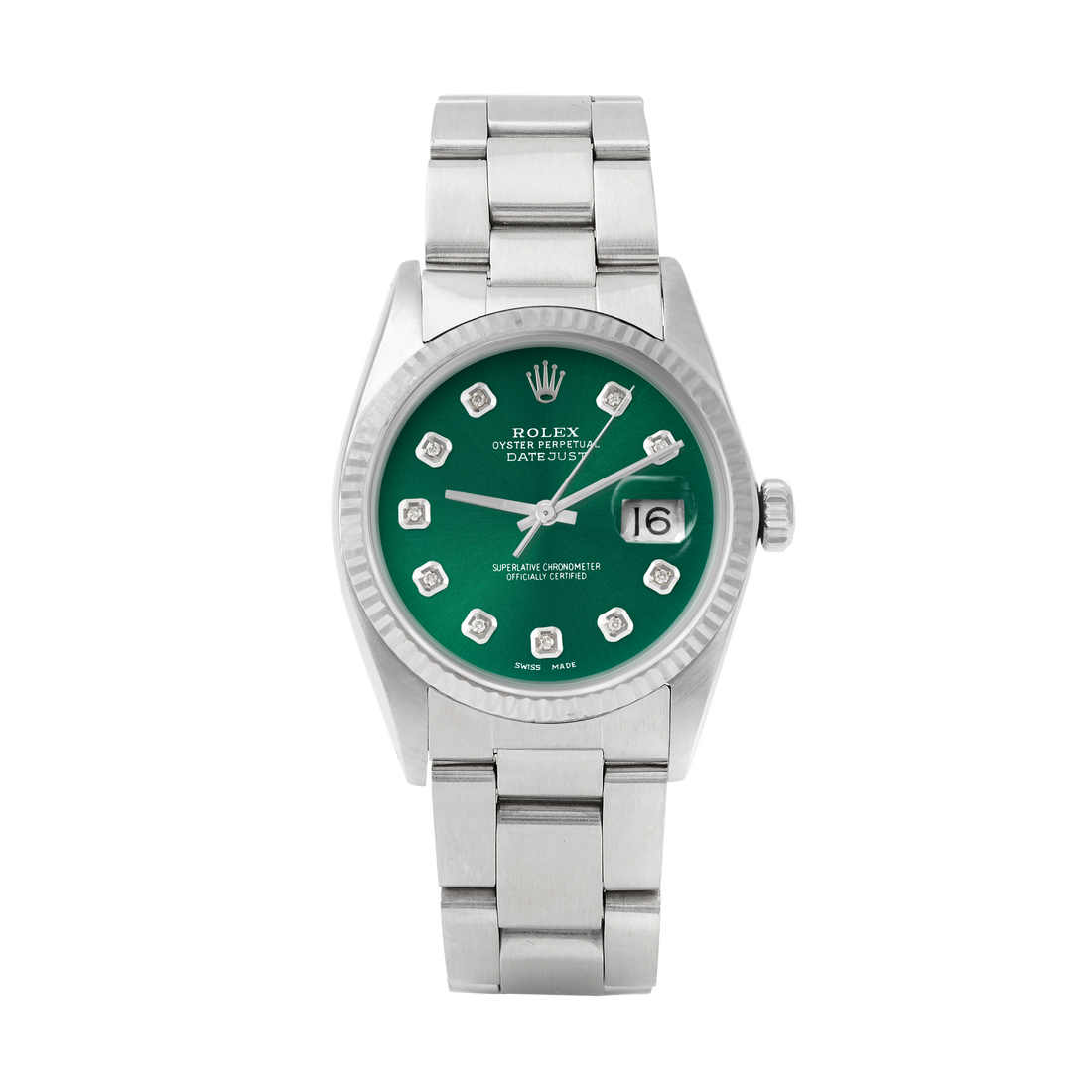 Rolex Datejust 36mm STAINLESS STEEL 16234 Green Dial | Diamond Hour Markers | Fluted Bezel