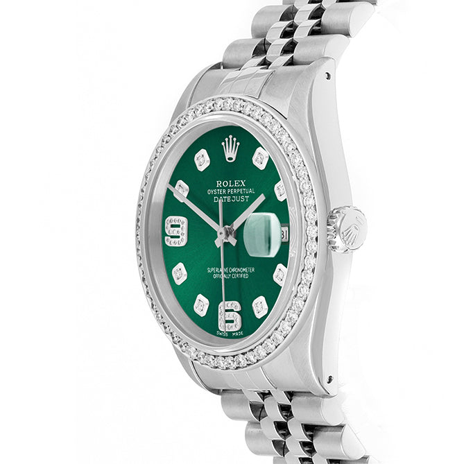 Rolex Datejust 36mm STAINLESS STEEL 16234 Green Dial | 6&9 Diamond |Diamond Hour Markers | 1 ct Diamond Bezel
