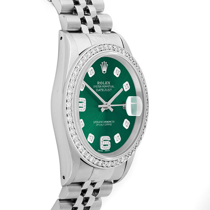 Rolex Datejust 36mm STAINLESS STEEL 16234 Green Dial | 6&9 Diamond |Diamond Hour Markers | 1 ct Diamond Bezel