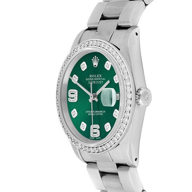 Rolex Datejust 36mm STAINLESS STEEL 16234 Green Dial | 6&9 Diamond |Diamond Hour Markers | 1 ct Diamond Bezel