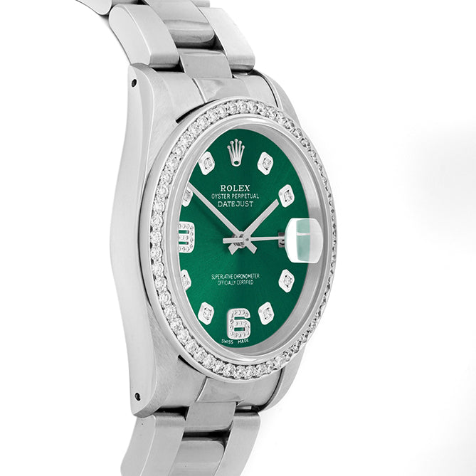 Rolex Datejust 36mm STAINLESS STEEL 16234 Green Dial | 6&9 Diamond |Diamond Hour Markers | 1 ct Diamond Bezel