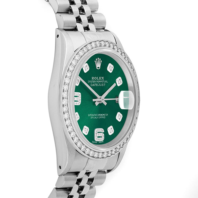 Rolex Datejust 36mm STAINLESS STEEL 16234 Green Dial | 6&9 Diamond |Diamond Hour Markers | 1.8 ct Diamond Bezel