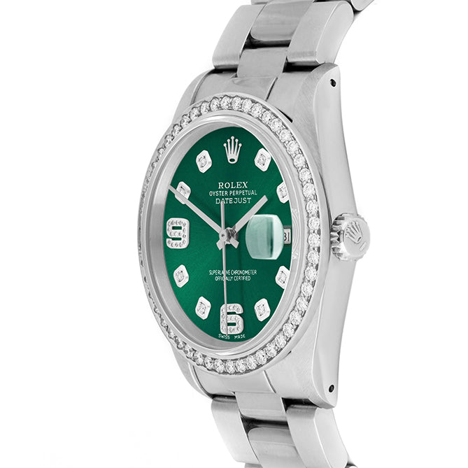 Rolex Datejust 36mm STAINLESS STEEL 16234 Green Dial | 6&9 Diamond |Diamond Hour Markers | 1.8 ct Diamond Bezel