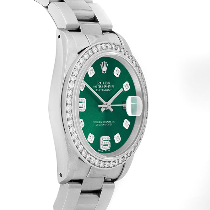 Rolex Datejust 36mm STAINLESS STEEL 16234 Green Dial | 6&9 Diamond |Diamond Hour Markers | 1.8 ct Diamond Bezel