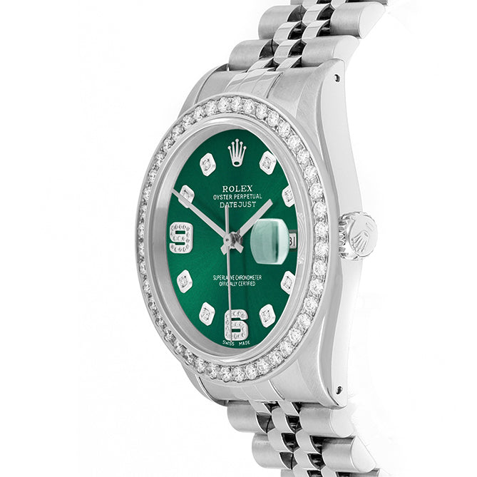Rolex Datejust 36mm STAINLESS STEEL 16234 Green Dial | 6&9 Diamond Hour Markers | 2 ct Diamond Bezel
