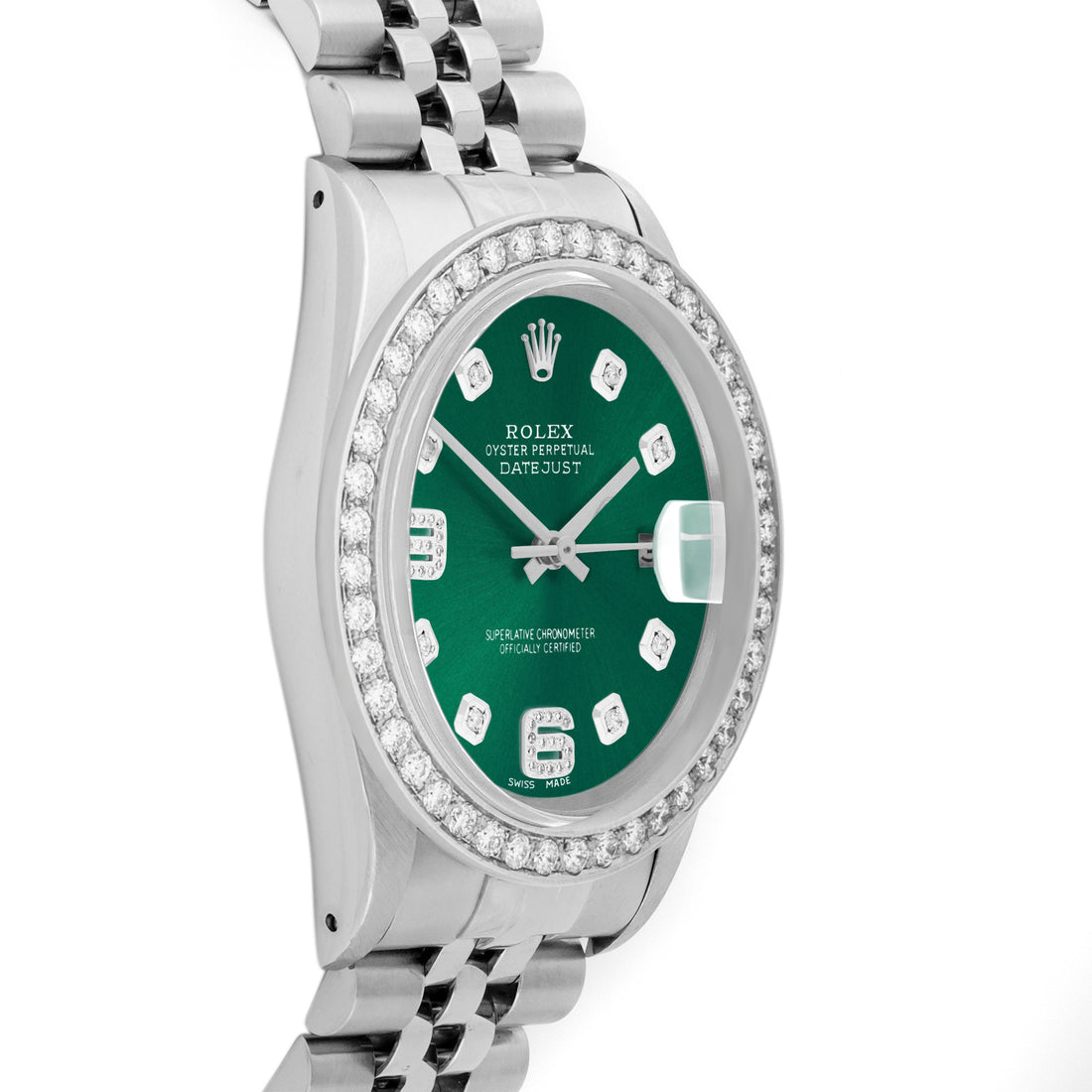 Rolex Datejust 36mm STAINLESS STEEL 16234 Green Dial | 6&9 Diamond Hour Markers | 2 ct Diamond Bezel