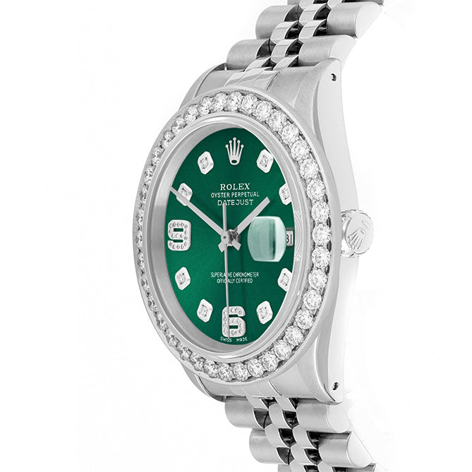 Rolex Datejust 36mm STAINLESS STEEL 16234 Green  Dial |6&9 Diamond Hour Markers | 2.5 ct Diamond Bezel