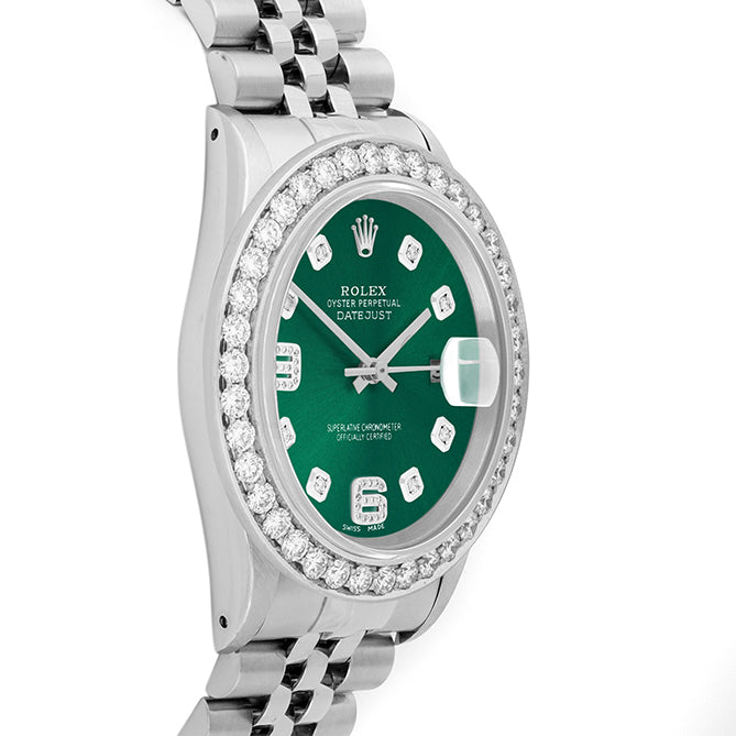 Rolex Datejust 36mm STAINLESS STEEL 16234 Green  Dial |6&9 Diamond Hour Markers | 2.5 ct Diamond Bezel