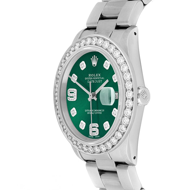Rolex Datejust 36mm STAINLESS STEEL 16234 Green  Dial |6&9 Diamond Hour Markers | 2.5 ct Diamond Bezel