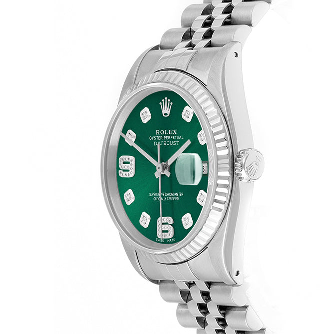 Rolex Datejust 36mm STAINLESS STEEL 16234 Green Dial | 6&9 Diamond | Fluted Bezel