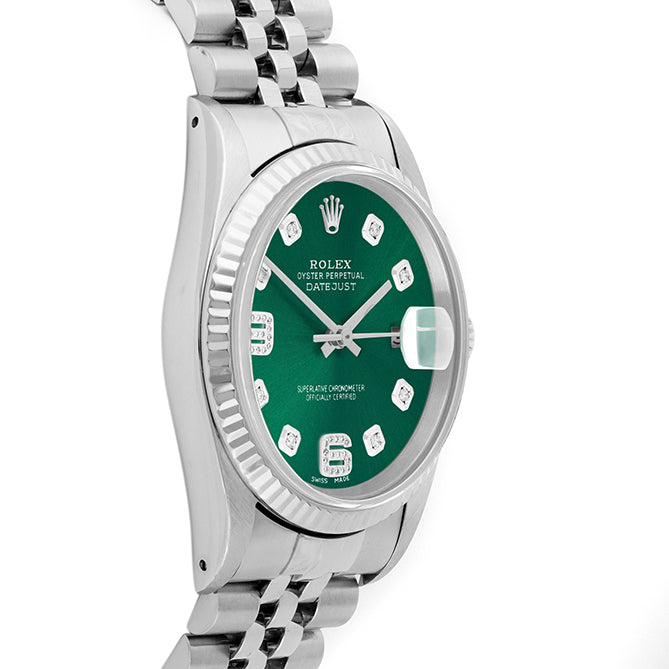 Rolex Datejust 36mm STAINLESS STEEL 16234 Green Dial | 6&9 Diamond | Fluted Bezel