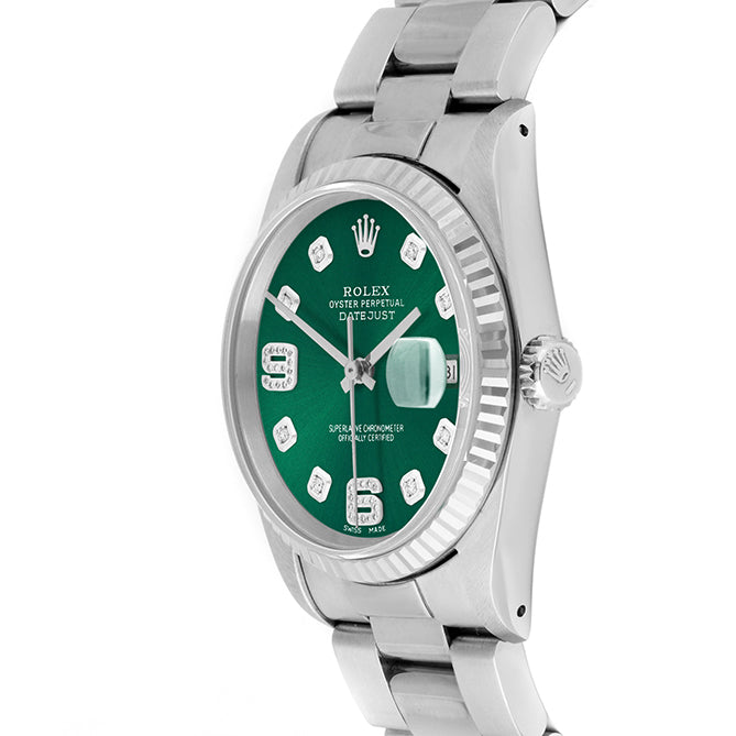 Rolex Datejust 36mm STAINLESS STEEL 16234 Green Dial| 6&9 Diamond | Fluted bazel