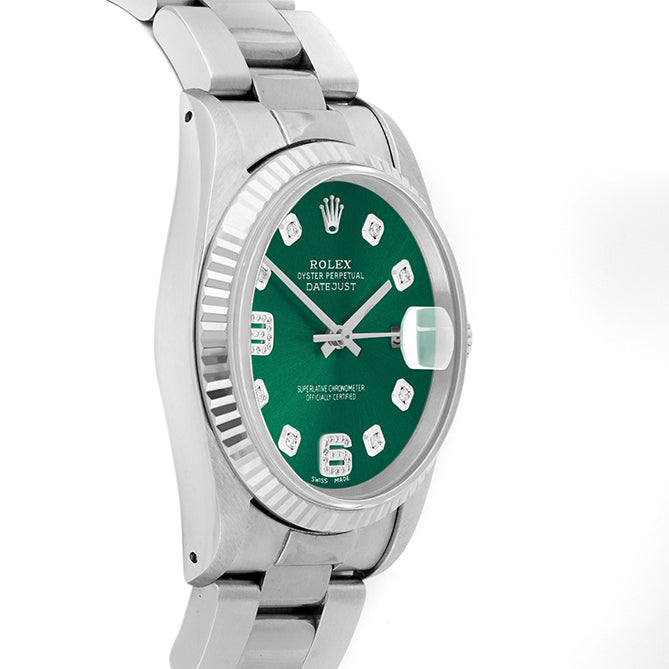 Rolex Datejust 36mm STAINLESS STEEL 16234 Green Dial| 6&9 Diamond | Fluted bazel
