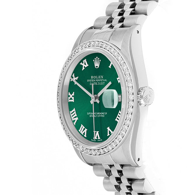 Rolex Datejust 36mm STAINLESS STEEL 16234 Green Dial | Roman Hour Markers | 1 ct Diamond Bezel