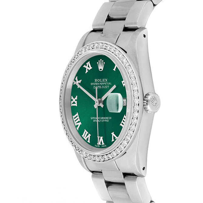 Rolex Datejust 36mm STAINLESS STEEL 16234 Green Dial | Roman Hour Markers | 1 ct Diamond Bezel