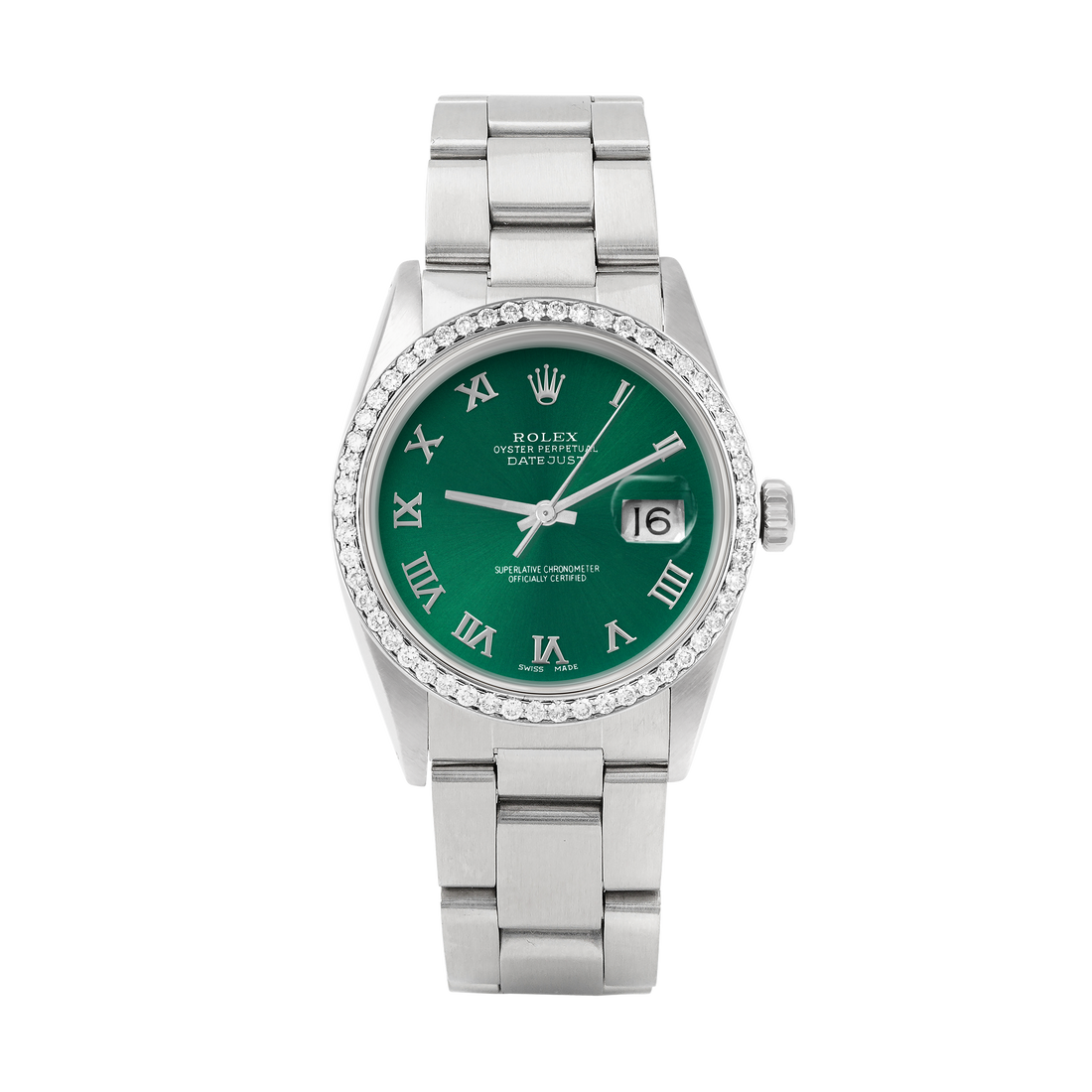 Rolex Datejust 36mm STAINLESS STEEL 16234 Green Dial | Roman Hour Markers | 1 ct Diamond Bezel