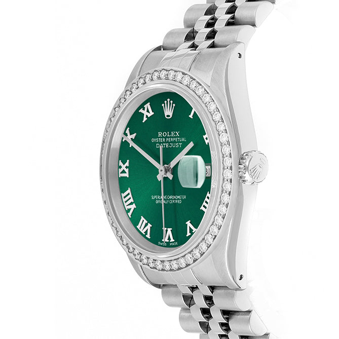 Rolex Datejust 36mm STAINLESS STEEL 16234 Green Dial | Roman Hour Markers, 1.8 ct Diamond Bezel