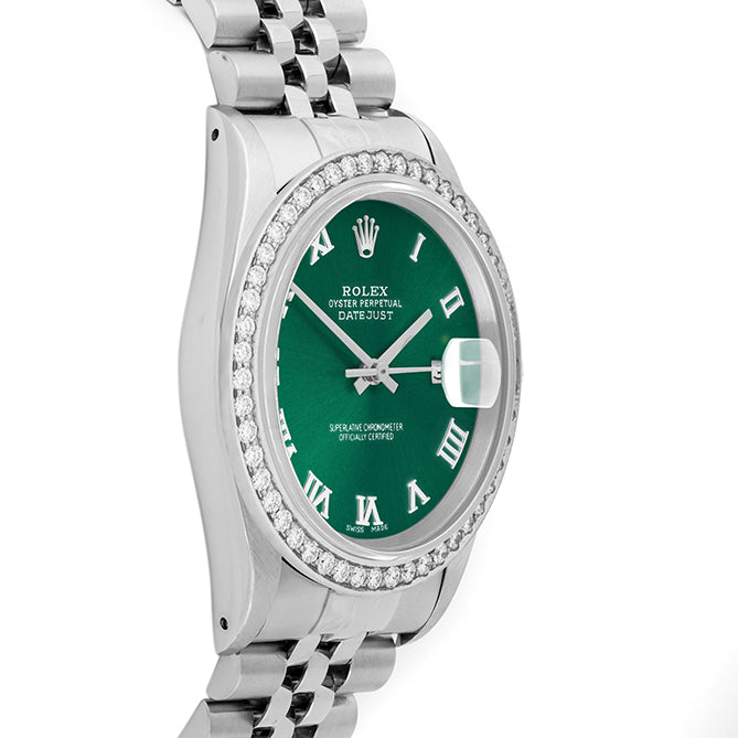 Rolex Datejust 36mm STAINLESS STEEL 16234 Green Dial | Roman Hour Markers, 1.8 ct Diamond Bezel