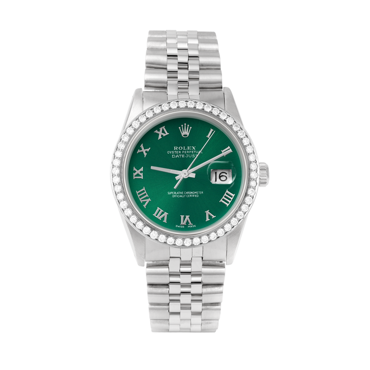 Rolex Datejust 36mm STAINLESS STEEL 16234 Green Dial | Roman Hour Markers, 1.8 ct Diamond Bezel