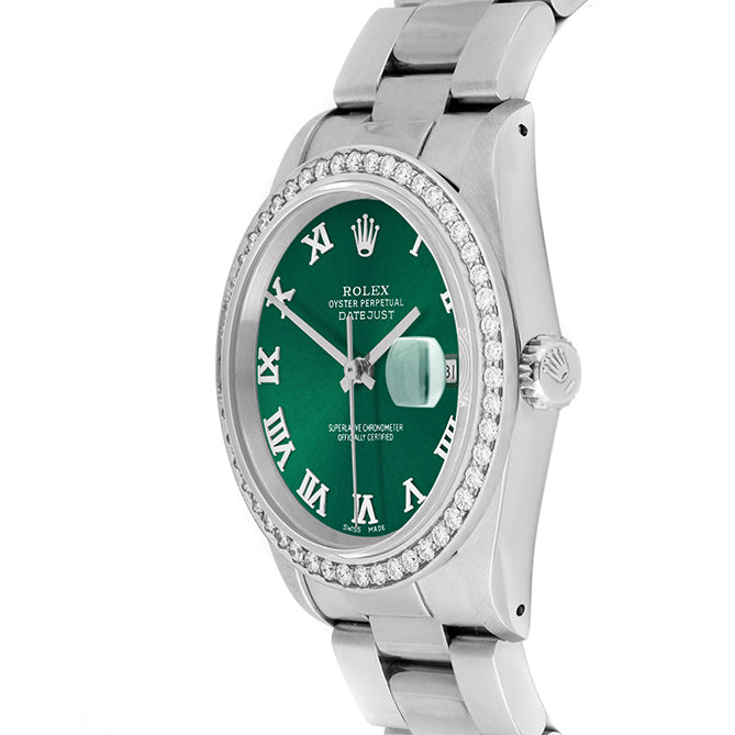Rolex Datejust 36mm STAINLESS STEEL 16234 Green Dial | Roman Hour Markers, 1.8 ct Diamond Bezel