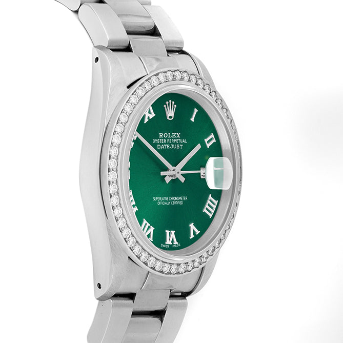 Rolex Datejust 36mm STAINLESS STEEL 16234 Green Dial | Roman Hour Markers, 1.8 ct Diamond Bezel