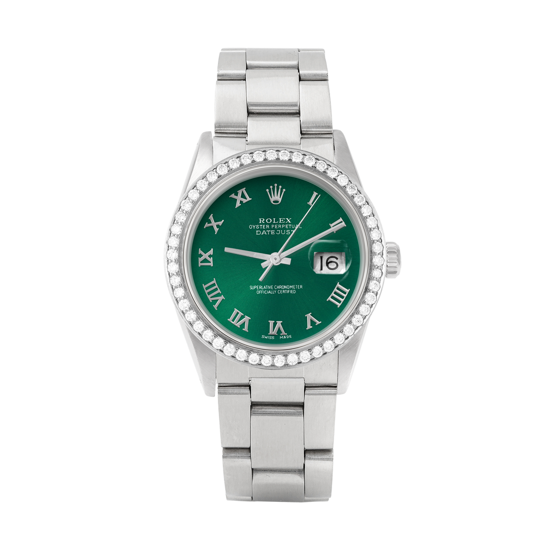 Rolex Datejust 36mm STAINLESS STEEL 16234 Green Dial | Roman Hour Markers, 1.8 ct Diamond Bezel