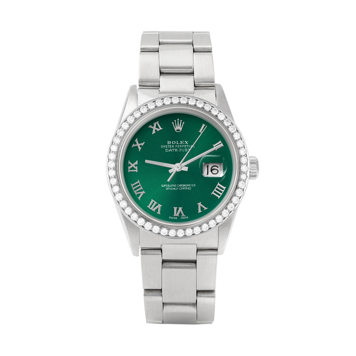 Rolex Datejust 36mm STAINLESS STEEL 16234 Green Dial | Roman Hour Markers, 1.8 ct Diamond Bezel