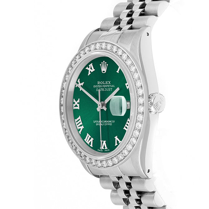 Rolex Datejust 36mm STAINLESS STEEL 16234 Green Dial | Roman Hour Markers, 2 ct Diamond Bezel