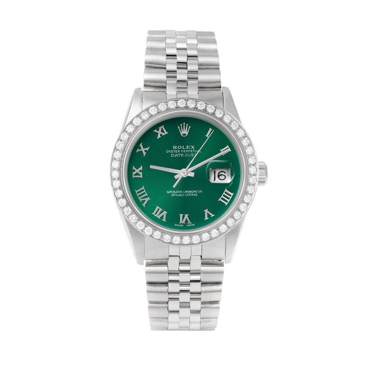 Rolex Datejust 36mm STAINLESS STEEL 16234 Green Dial | Roman Hour Markers, 2 ct Diamond Bezel