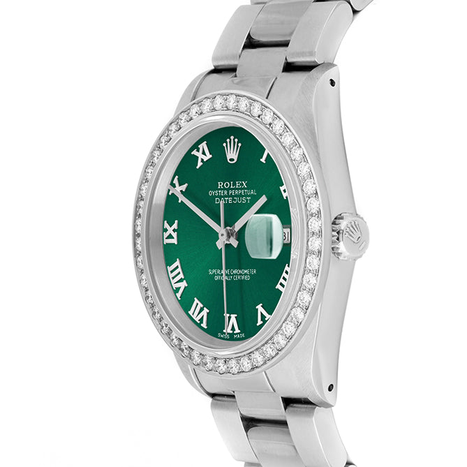 Rolex Datejust 36mm STAINLESS STEEL 16234 Green Dial | Roman Hour Markers, 2 ct Diamond Bezel